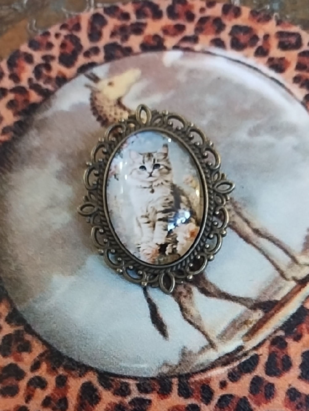 Small Antique Bronze Cat Cameo Pendant Brooch
